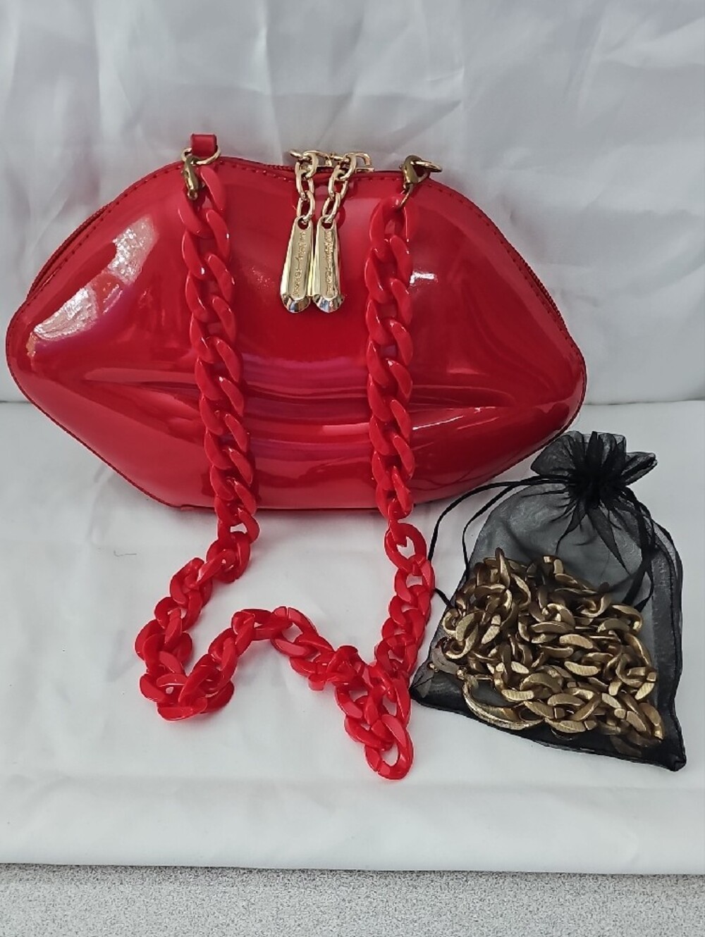 Betsey Johnson Red Patent Lips Mini Crossbody with Gold Chain